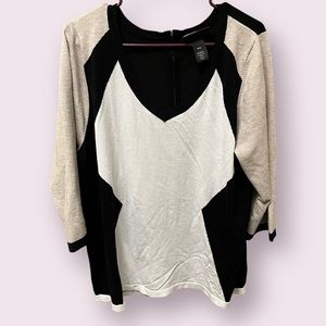 Lane Bryant, V-Neck Colorblock 3/4 Zipper-back Sweater, Tan/Black, Size 18/20